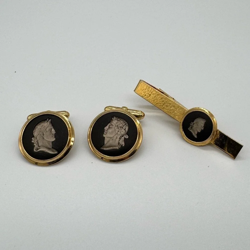 Wedgwood black Cameo Cufflinks Tie Clip‎ Set Gold Tone Mens Formal Gift for him